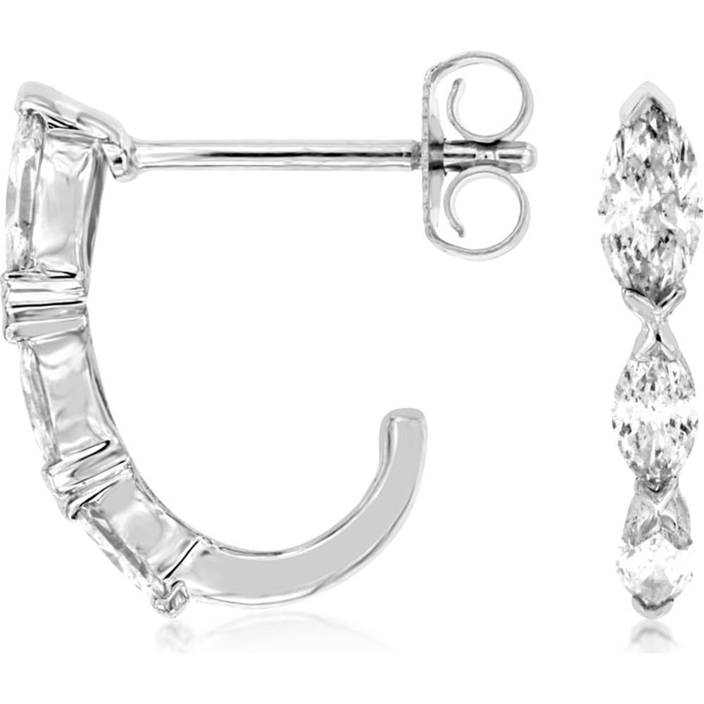 14K White Gold Curved Huggie Earrings with Marquise Shape Diamonds - 0.66 Carat Total Diamond Weight - Royal Jewelry