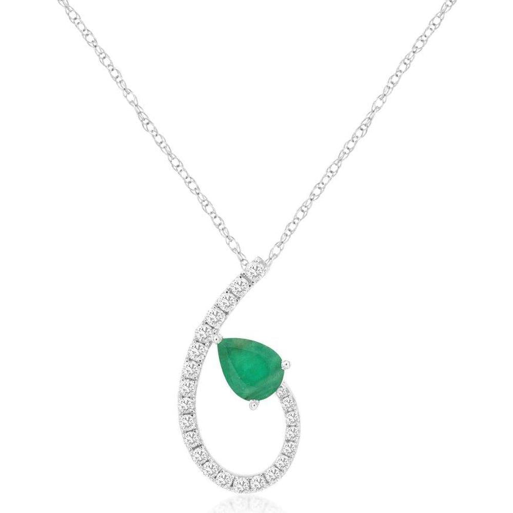 14K White Gold Curved Pendant Necklace with Pear-Shaped Emerald and Diamond Accents - 0.70 Carat Emerald, 0.35 Carat Diamond Total Weight - Royal Jewelry
