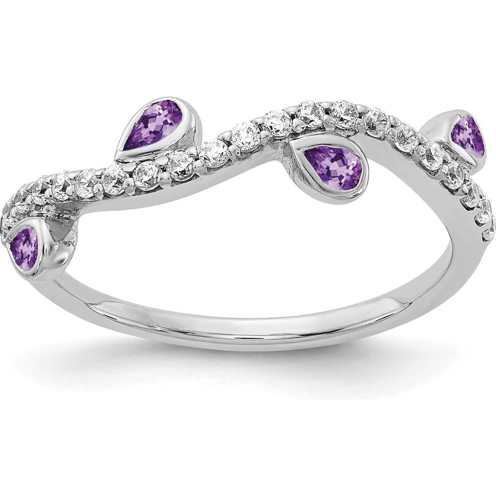 14K White Gold Curved Ring with Pear-Shaped Amethyst and Round Diamonds - 0.23 Carat Total Amethyst Weight, 0.01 Carat Total Diamond Weight by 0
