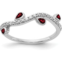 14K White Gold Curved Ring with Pear-Shaped Garnets and Round Diamonds - 0.08 Carat Total Garnet Weight, 0.01 Carat Total Diamond Weight by 0