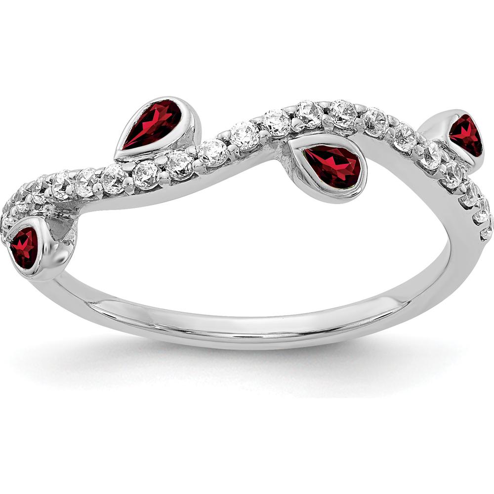14K White Gold Curved Ring with Pear-Shaped Garnets and Round Diamonds - 0.08 Carat Total Garnet Weight, 0.01 Carat Total Diamond Weight by 0