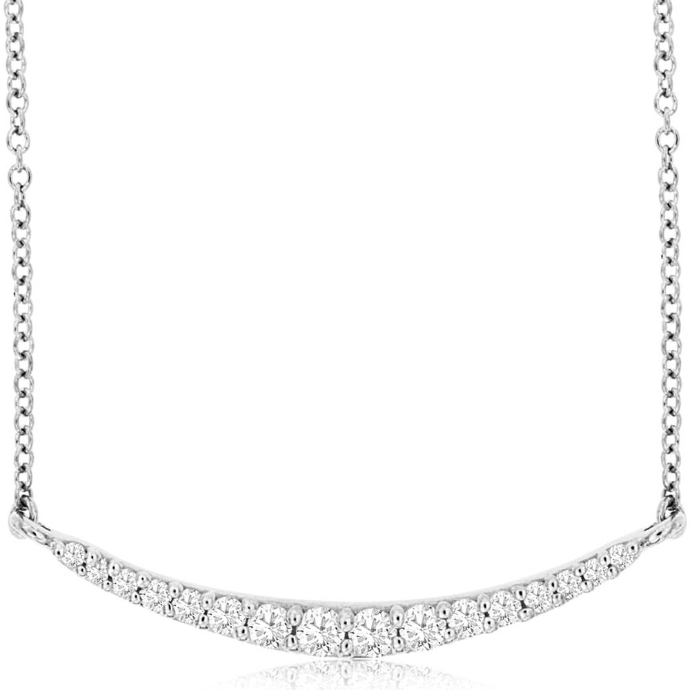 14K White Gold Curved Smile Bar Necklace with Prong-Set Round Diamonds - 0.20 Carat Total Diamond Weight - Royal Jewelry