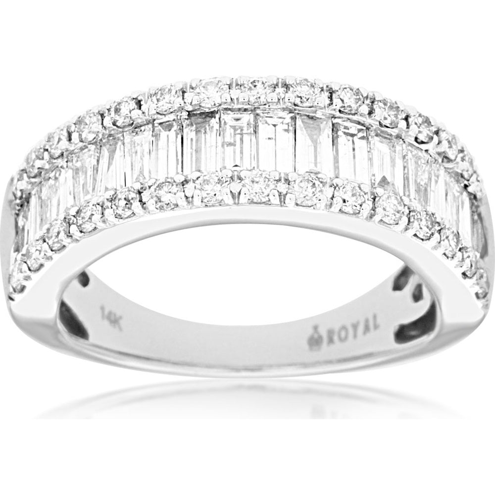 14K White Gold Curved Triple-Row Wedding Band with Channel-Set Baguette and Prong-Set Round Diamonds - 1.50 Carat Total Diamond Weight - Royal Jewelry