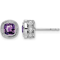 14K White Gold Cushion Amethyst and Diamond Button Earrings - 0.65 Carat Total Amethyst and Diamond Weight by Monteluci Fine Jewelry