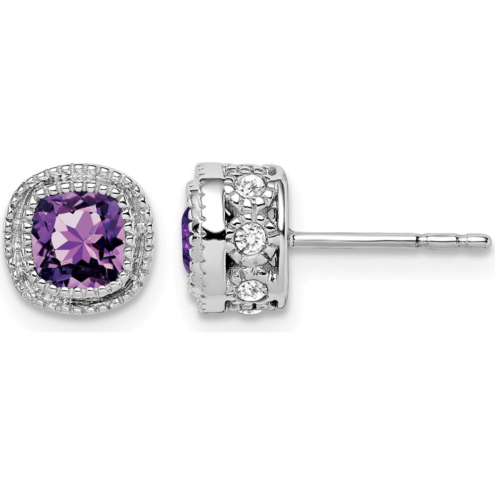 14K White Gold Cushion Amethyst and Diamond Button Earrings - 0.65 Carat Total Amethyst and Diamond Weight by Monteluci Fine Jewelry