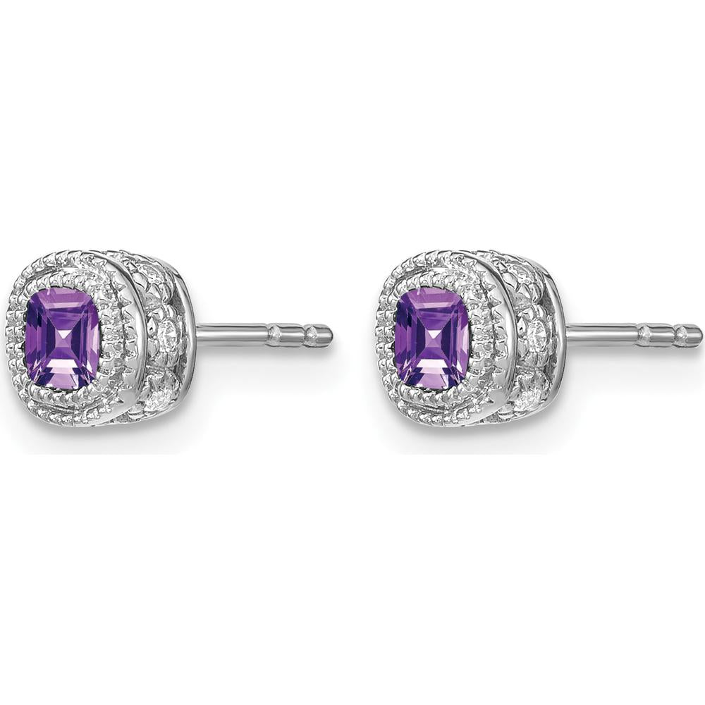 14K White Gold Cushion Amethyst and Diamond Button Earrings - 0.65 Carat Total Amethyst and Diamond Weight by Monteluci Fine Jewelry