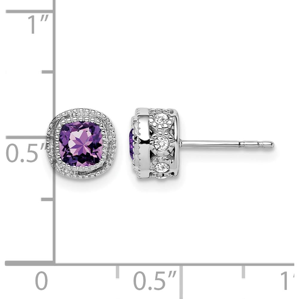 14K White Gold Cushion Amethyst and Diamond Button Earrings - 0.65 Carat Total Amethyst and Diamond Weight by Monteluci Fine Jewelry
