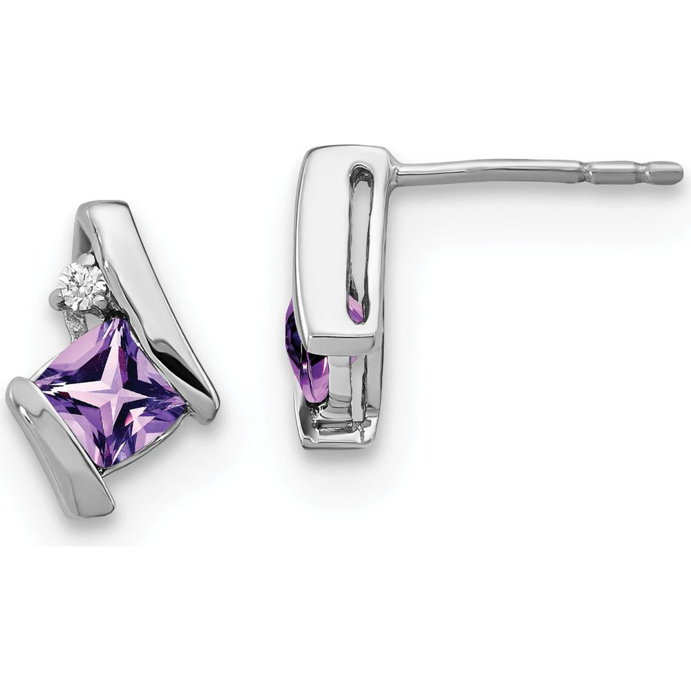 14K White Gold Cushion Amethyst and Diamond Earrings - 0.025 Carat Total Diamond Weight by Oro Pregiato