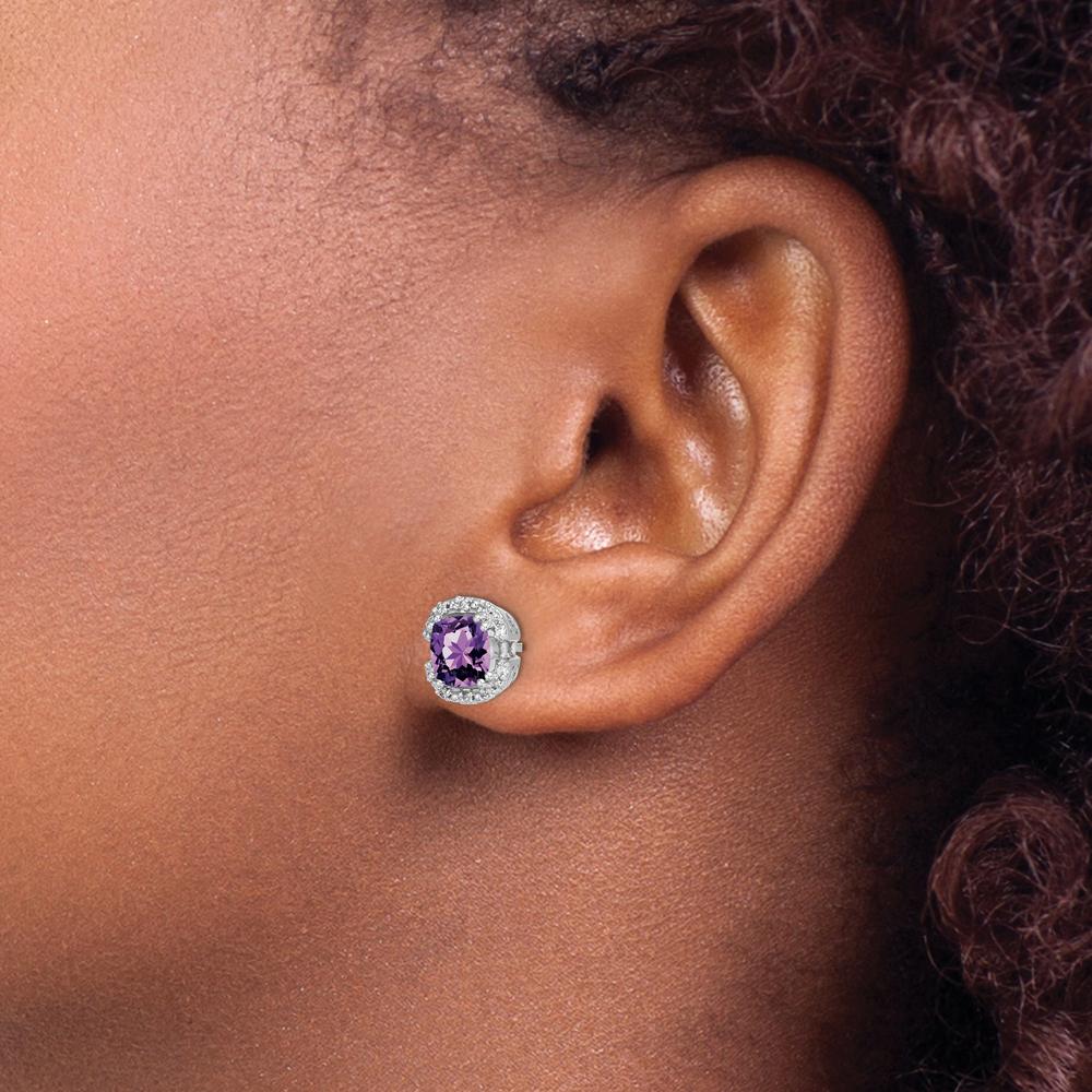 14K White Gold Cushion Amethyst and Diamond Halo Earrings - 1.25 Carat Total Amethyst Weight, 0.10 Carat Total Diamond Weight by Monteluci Fine Jewelry