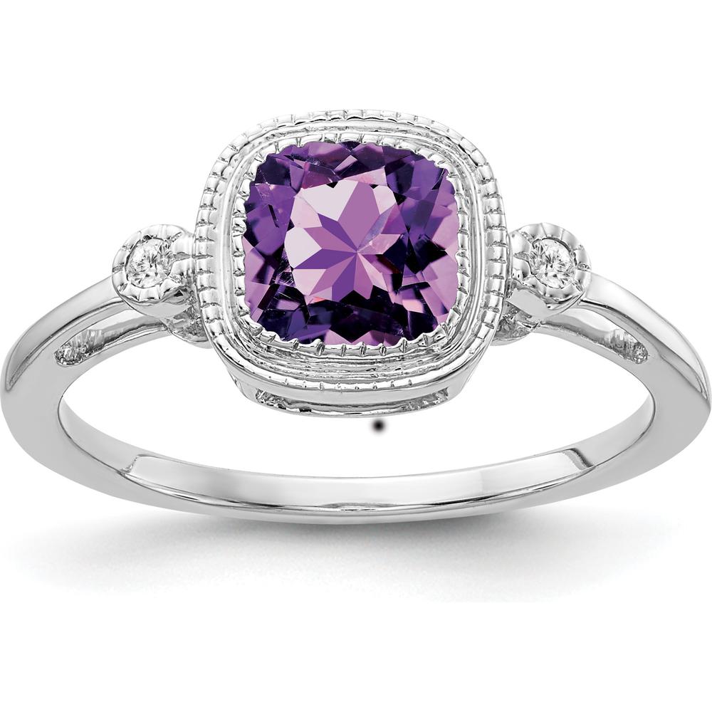 14K White Gold Cushion Amethyst and Diamond Ring - 0.89 Carat Amethyst, 0.03 Carat Diamond Total Weight by 0