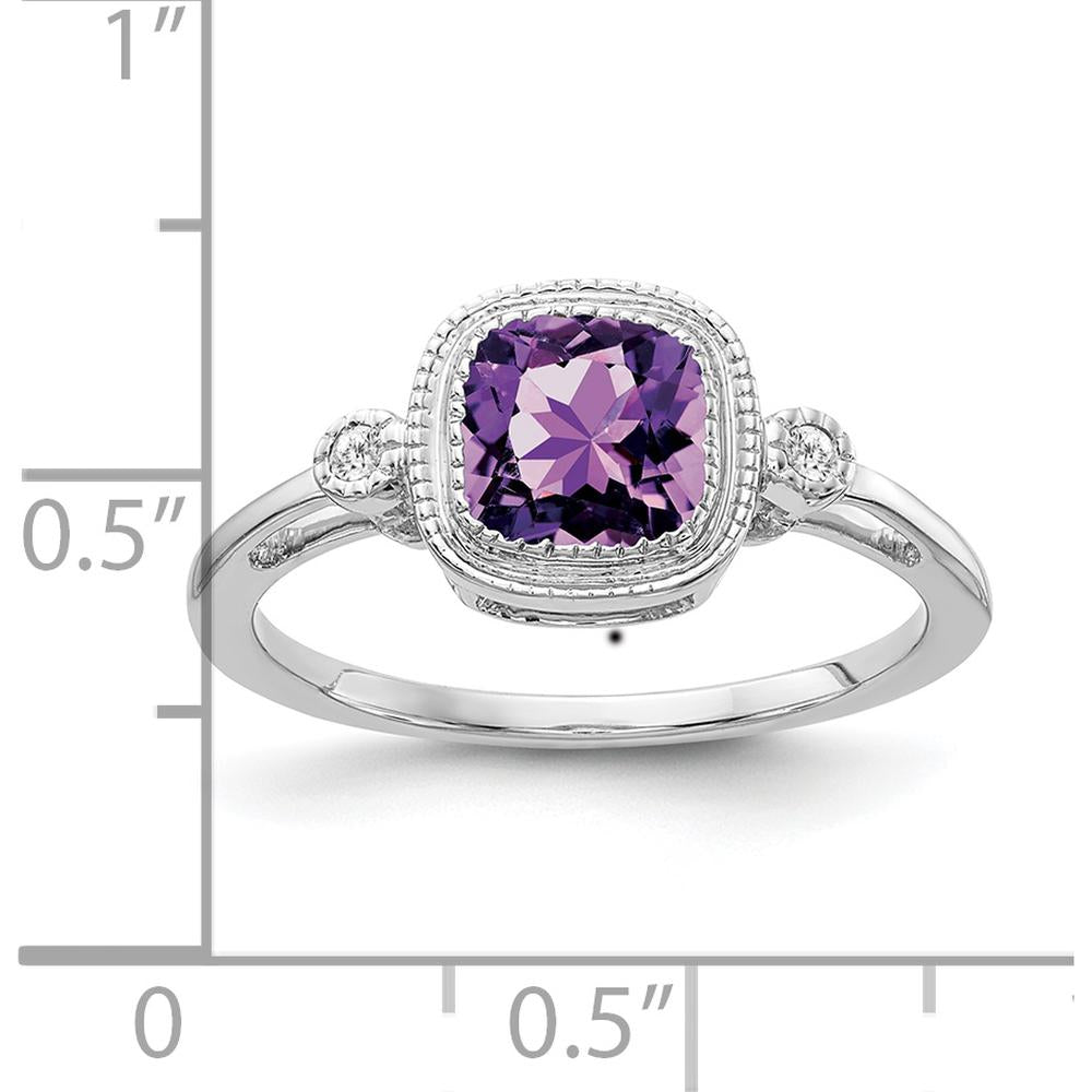14K White Gold Cushion Amethyst and Diamond Ring - 0.89 Carat Amethyst, 0.03 Carat Diamond Total Weight by 0