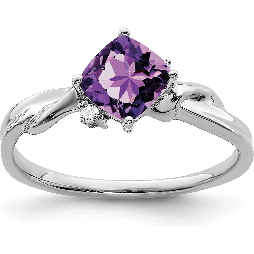 14K White Gold Cushion Amethyst and Round Diamond Ring - 0.878 Carat Amethyst, 0.015 Carat Total Diamond Weight by 0
