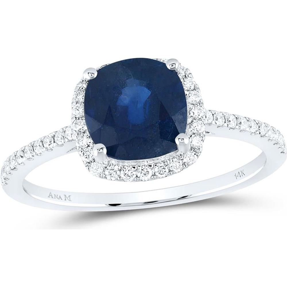 14K White Gold Cushion Blue Sapphire & Diamond Halo Ring - 2.30 Carat Total Gemstone Weight