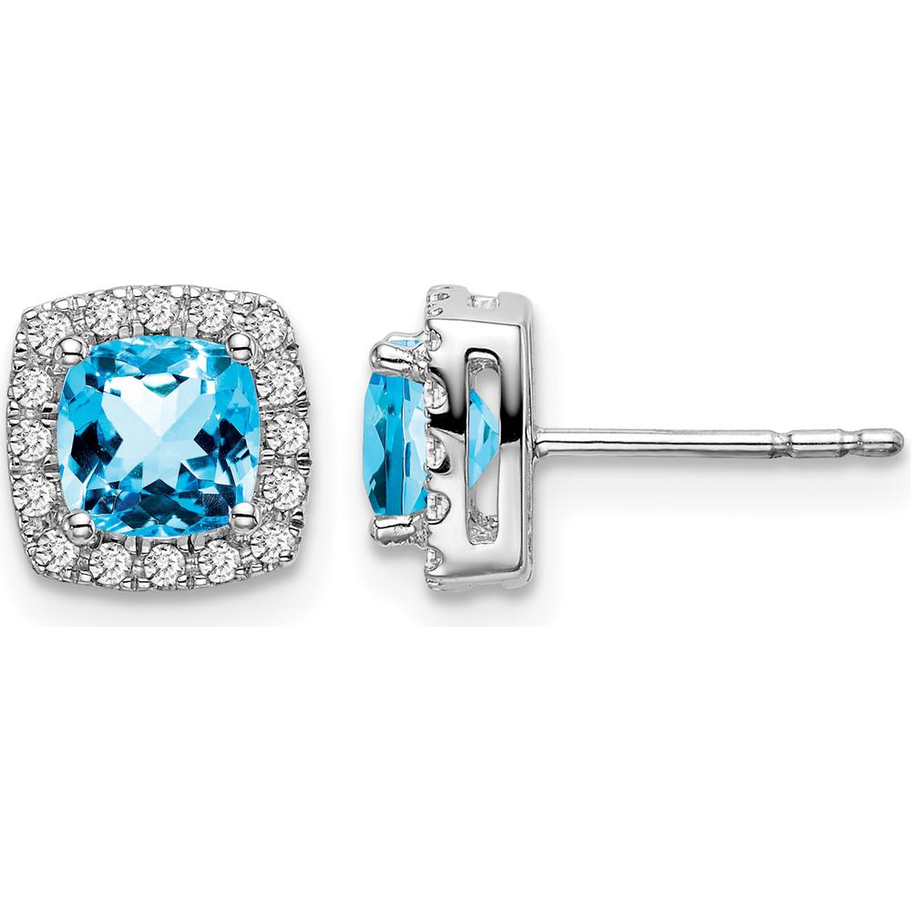 14K White Gold Cushion Blue Topaz and Diamond Halo Earrings - 0.70 Carat Total Blue Topaz Weight, 0.012 Carat Total Diamond Weight by Monteluci Fine Jewelry