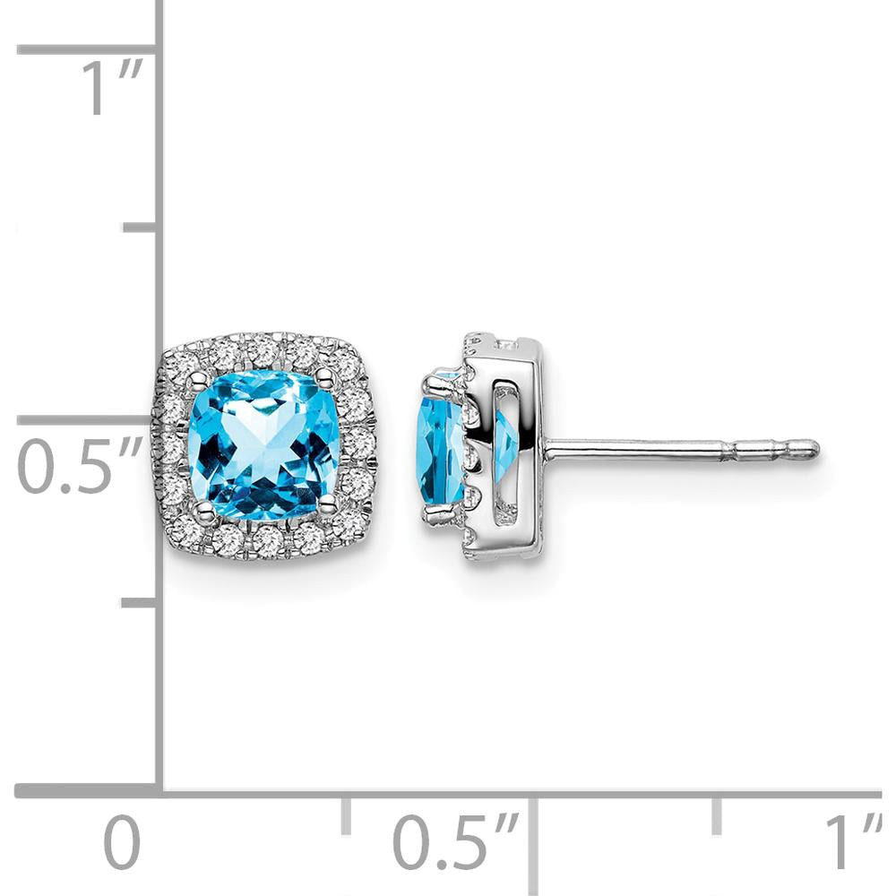 14K White Gold Cushion Blue Topaz and Diamond Halo Earrings - 0.70 Carat Total Blue Topaz Weight, 0.012 Carat Total Diamond Weight by Monteluci Fine Jewelry