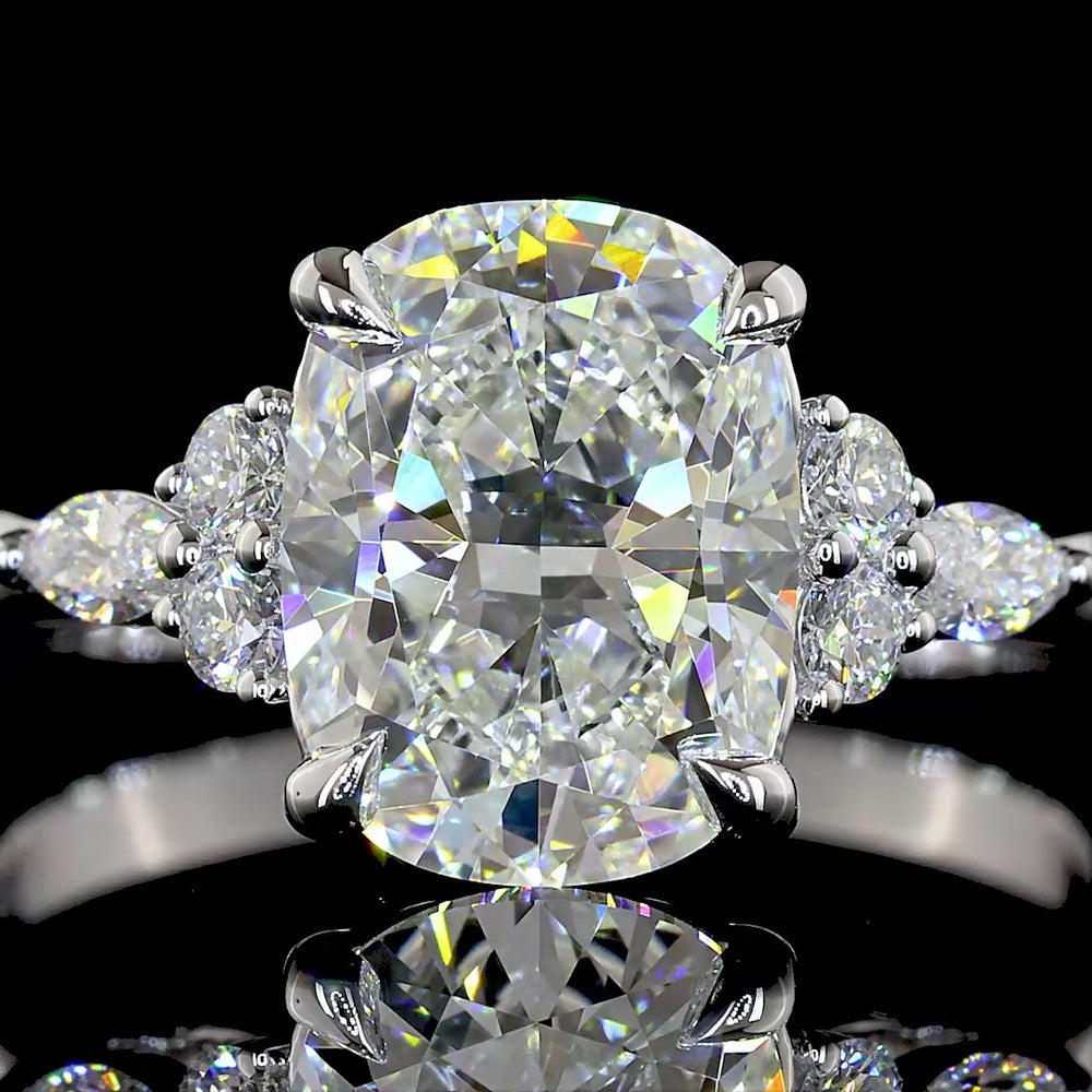 14K White Gold Cushion Brilliant 3-Stone Ring with Marquise and Round Lab Diamonds - 2.74 Carats Total Diamond Weight - Covaloro Fine Jewelry