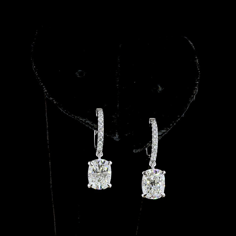 14K White Gold Cushion Brilliant Cut Lab Diamond Hanging Earrings with Diamond-Encrusted Hoops - 3.26 Carat Total Diamond Weight - Covaloro Fine Jewelry