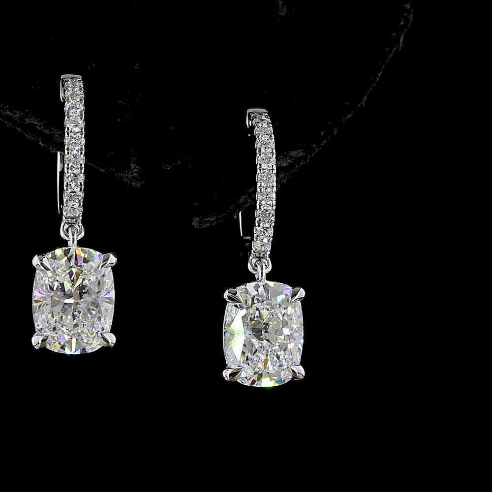 14K White Gold Cushion Brilliant Cut Lab Diamond Hanging Earrings with Diamond-Encrusted Hoops - 3.26 Carat Total Diamond Weight - Covaloro Fine Jewelry