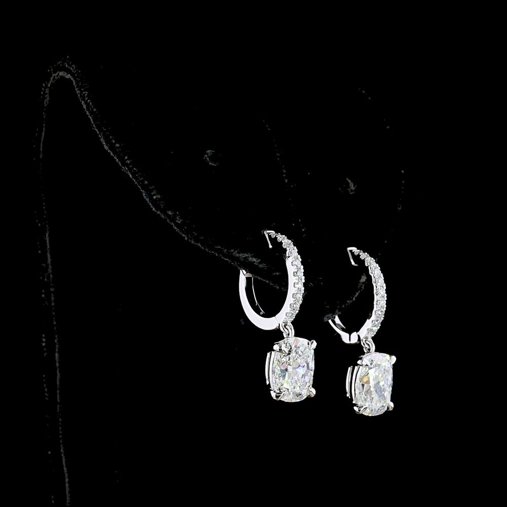 14K White Gold Cushion Brilliant Cut Lab Diamond Hanging Earrings with Diamond-Encrusted Hoops - 3.26 Carat Total Diamond Weight - Covaloro Fine Jewelry