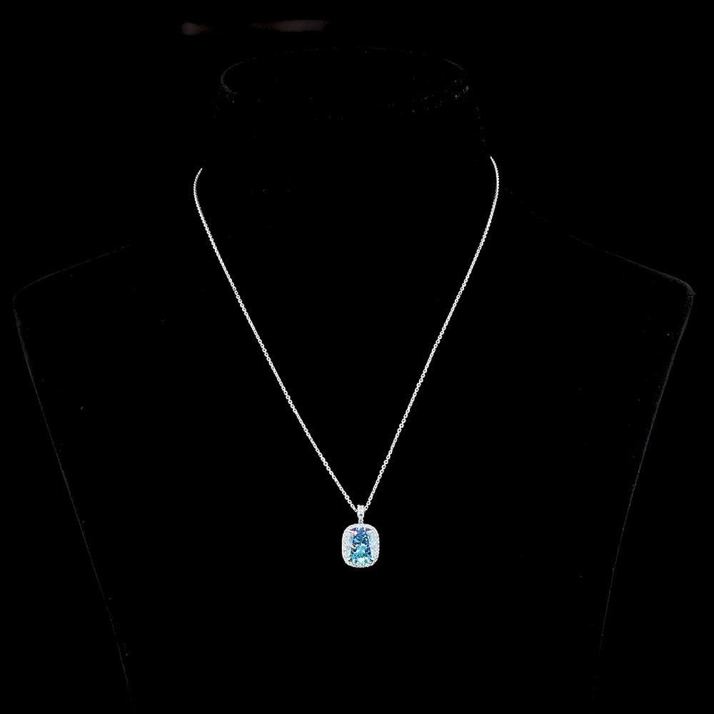 14K White Gold Cushion Brilliant Halo Pendant with Fancy Vivid Blue Lab Diamond - 4.32 Carat Total Diamond Weight - Covaloro Fine Jewelry