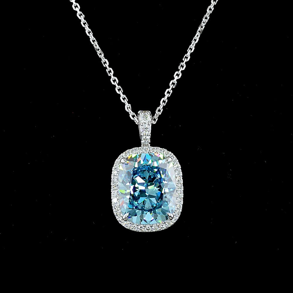 14K White Gold Cushion Brilliant Halo Pendant with Fancy Vivid Blue Lab Diamond - 4.32 Carat Total Diamond Weight - Covaloro Fine Jewelry