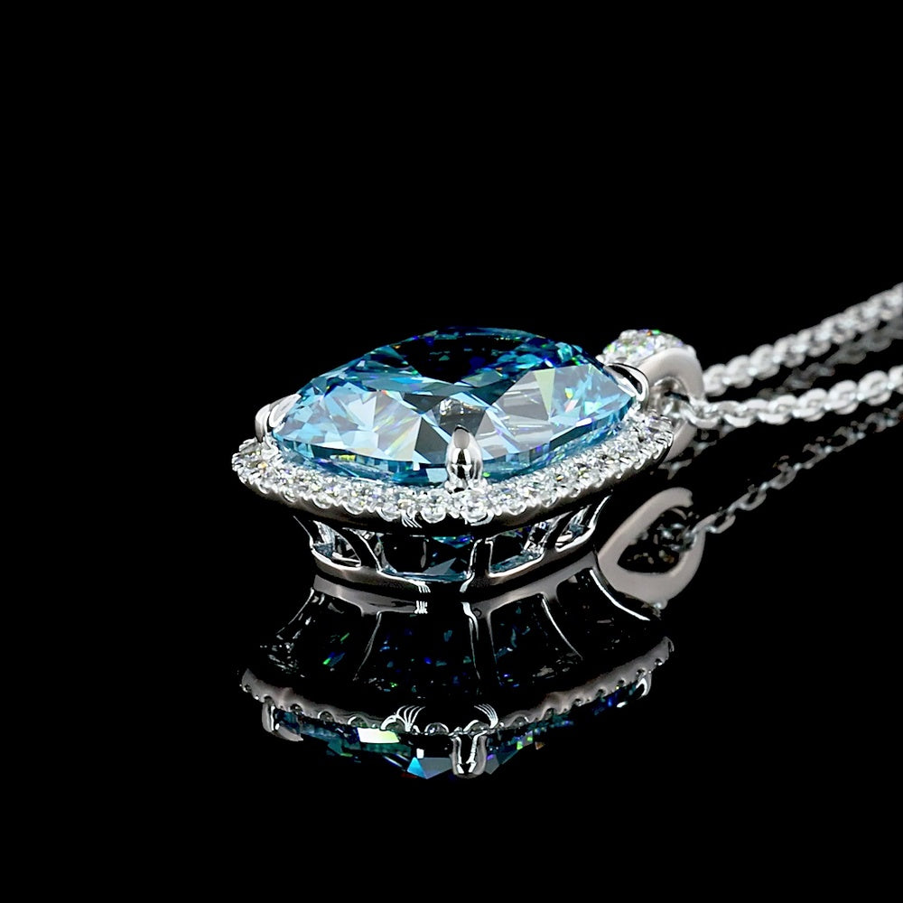 14K White Gold Cushion Brilliant Halo Pendant with Fancy Vivid Blue Lab Diamond - 4.32 Carat Total Diamond Weight - Covaloro Fine Jewelry