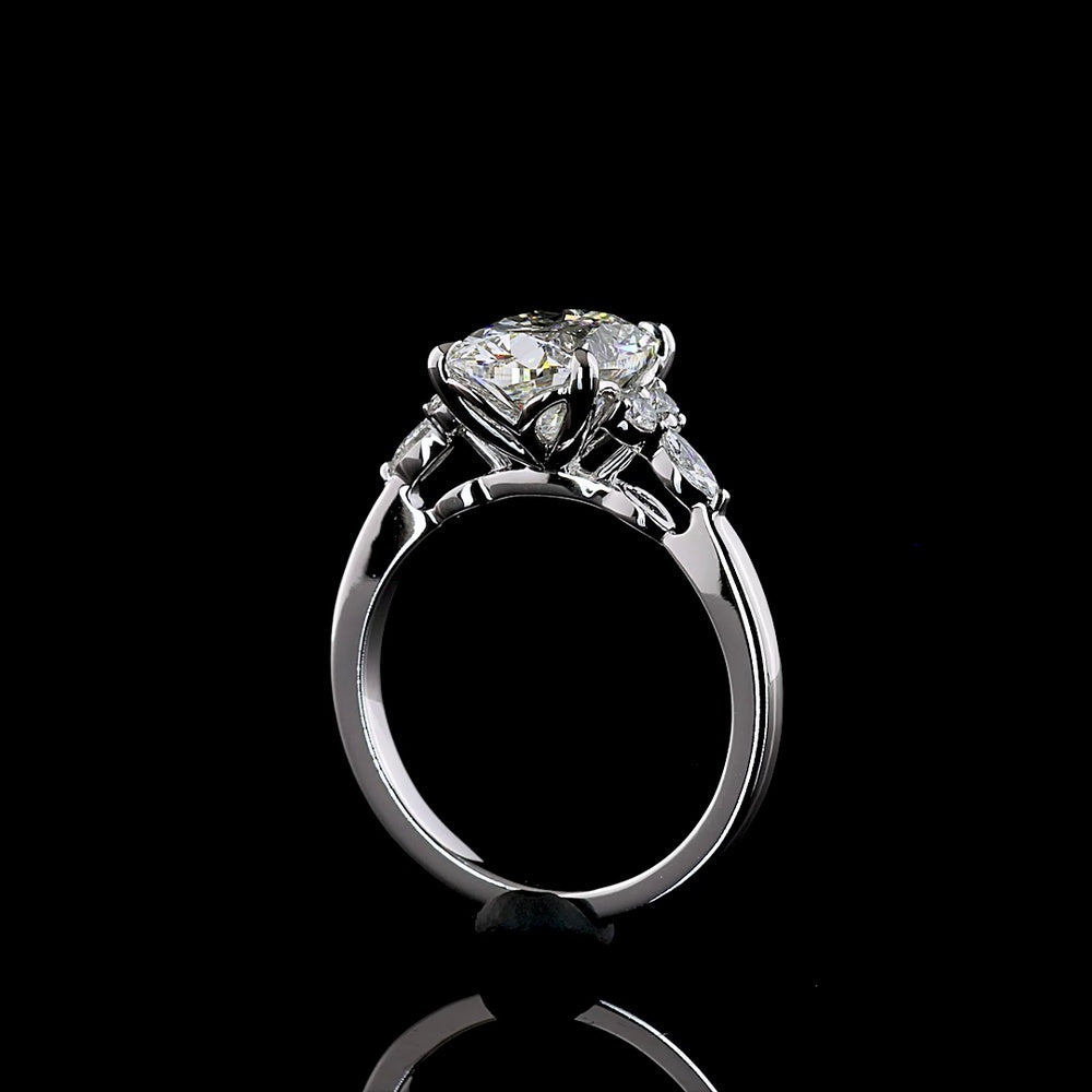 14K White Gold Cushion Brilliant Lab Diamond Ring with Marquise and Brilliant Accents - 3.33 Total Carat Weight, IGI Certified E VVS2 - Covaloro Fine Jewelry