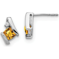 14K White Gold Cushion Citrine and Diamond Button Earrings - 0.025 Carat Total Diamond Weight by Oro Pregiato