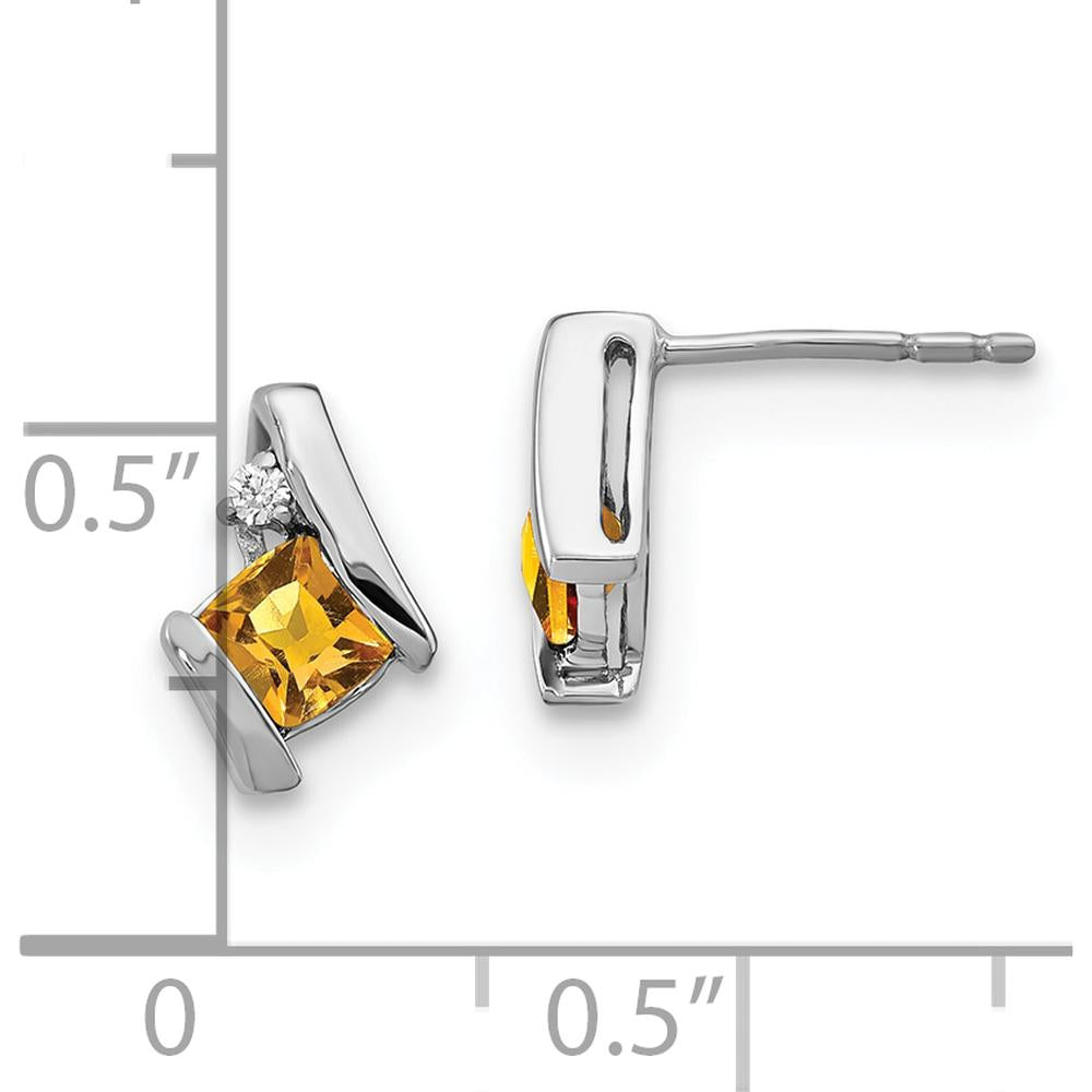 14K White Gold Cushion Citrine and Diamond Button Earrings - 0.025 Carat Total Diamond Weight by Oro Pregiato