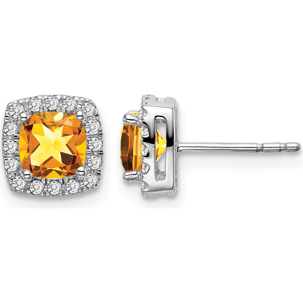 14K White Gold Cushion Citrine and Diamond Halo Earrings - 1.00 Carat Total Citrine Weight, 0.19 Carat Total Diamond Weight by Monteluci Fine Jewelry