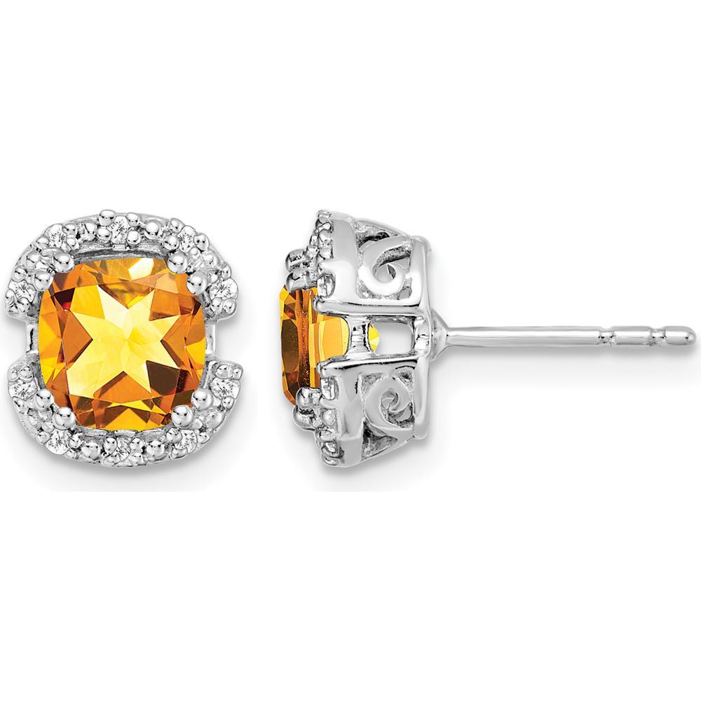 14K White Gold Cushion Citrine and Diamond Halo Earrings - 1.25 Carat Citrine, 0.10 Carat Diamond Total Weight by Monteluci Fine Jewelry