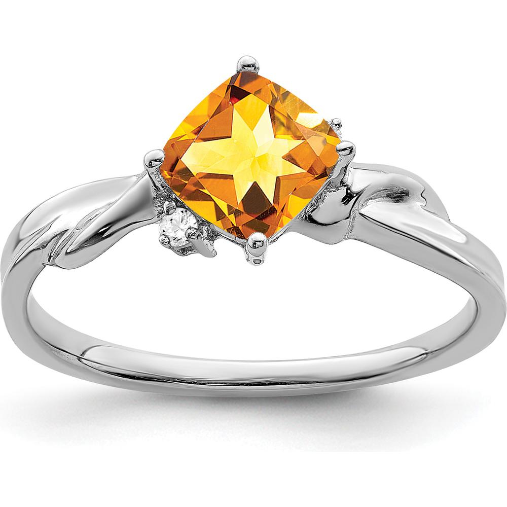 14K White Gold Cushion Citrine and Diamond Ring - 0.88 Carat Citrine, 0.03 Carat Total Diamond Weight by 0