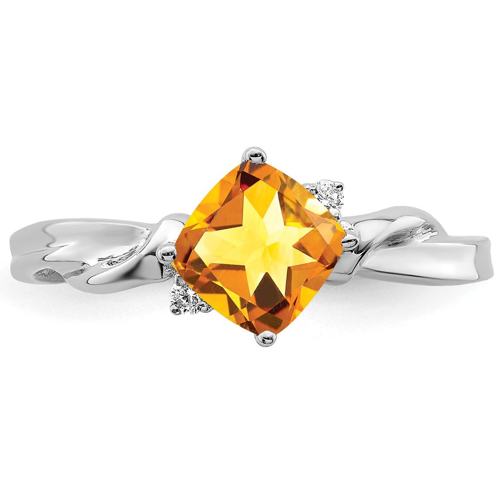 14K White Gold Cushion Citrine and Diamond Ring - 0.88 Carat Citrine, 0.03 Carat Total Diamond Weight by 0