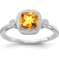 14K White Gold Cushion Citrine and Diamond Ring - 0.89 Carat Citrine, 0.03 Carat Total Diamond Weight by 0