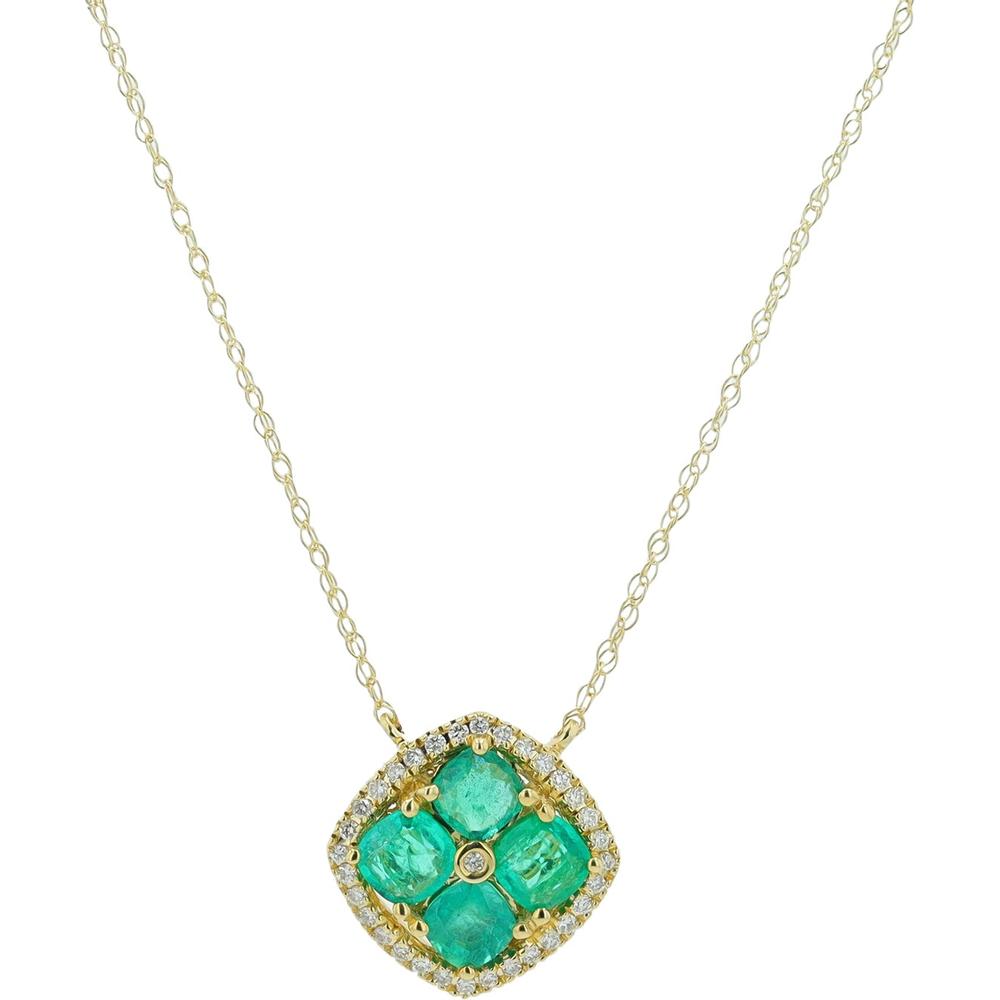 14K White Gold Cushion Cluster Pendant with 1.00 Carats Emeralds and 0.13 Carats Diamond Halo