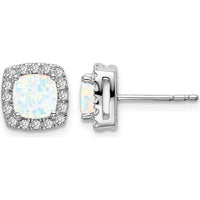 14K White Gold Cushion Created Opal and Diamond Halo Earrings - 0.545 Carat Opal, 0.006 Carat Total Diamond Weight by Monteluci Fine Jewelry