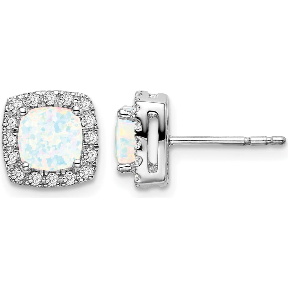 14K White Gold Cushion Created Opal and Diamond Halo Earrings - 0.545 Carat Opal, 0.006 Carat Total Diamond Weight by Monteluci Fine Jewelry