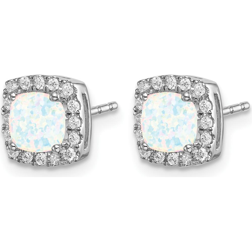 14K White Gold Cushion Created Opal and Diamond Halo Earrings - 0.545 Carat Opal, 0.006 Carat Total Diamond Weight by Monteluci Fine Jewelry
