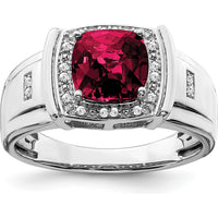 14K White Gold Cushion Created Ruby and Diamond Men's Ring - 2.355 Carat Ruby, 0.1 Carat Total Diamond Weight by 0