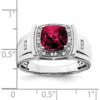 14K White Gold Cushion Created Ruby and Diamond Men's Ring - 2.355 Carat Ruby, 0.1 Carat Total Diamond Weight by 0