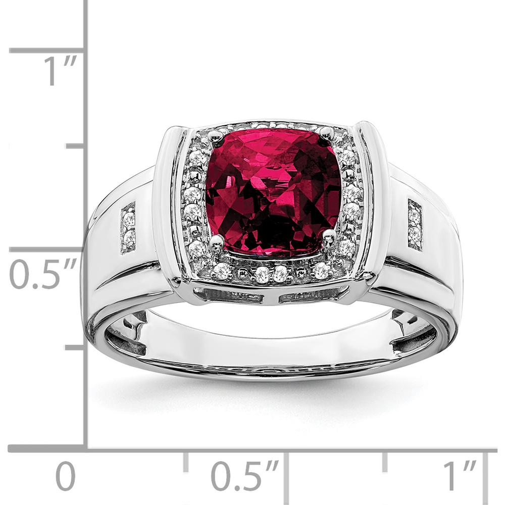 14K White Gold Cushion Created Ruby and Diamond Men's Ring - 2.355 Carat Ruby, 0.1 Carat Total Diamond Weight by 0