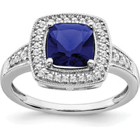 14K White Gold Cushion Created Sapphire and Diamond Halo Ring - 1.31 Carat Sapphire, 0.062 Carat Total Diamond Weight by 0