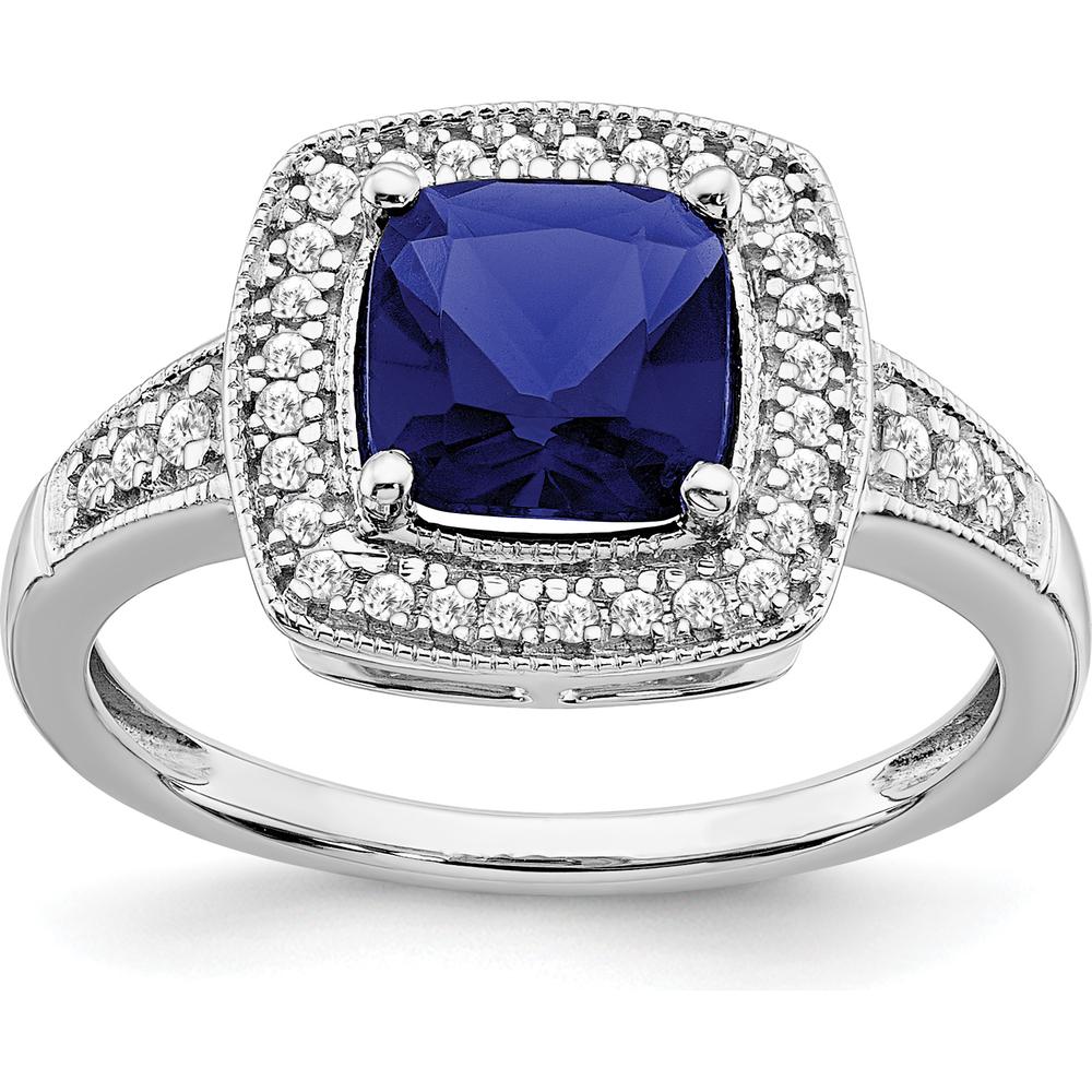 14K White Gold Cushion Created Sapphire and Diamond Halo Ring - 1.31 Carat Sapphire, 0.062 Carat Total Diamond Weight by 0