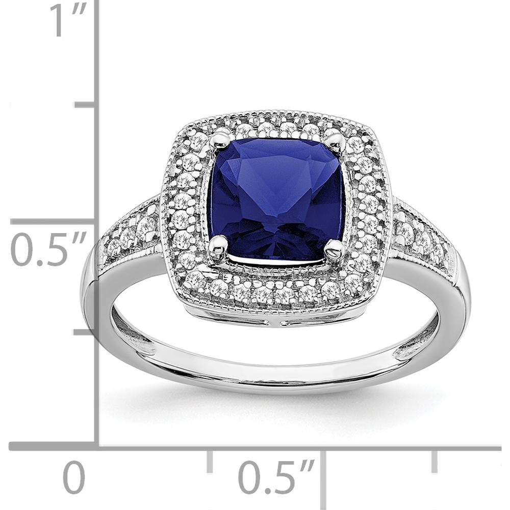 14K White Gold Cushion Created Sapphire and Diamond Halo Ring - 1.31 Carat Sapphire, 0.062 Carat Total Diamond Weight by 0