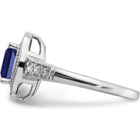 14K White Gold Cushion Created Sapphire and Diamond Halo Ring - 1.31 Carat Sapphire, 0.062 Carat Total Diamond Weight by 0