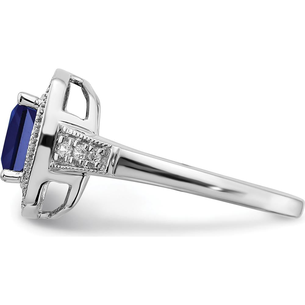 14K White Gold Cushion Created Sapphire and Diamond Halo Ring - 1.31 Carat Sapphire, 0.062 Carat Total Diamond Weight by 0
