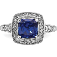 14K White Gold Cushion Created Sapphire and Diamond Halo Ring - 1.31 Carat Sapphire, 0.062 Carat Total Diamond Weight by 0