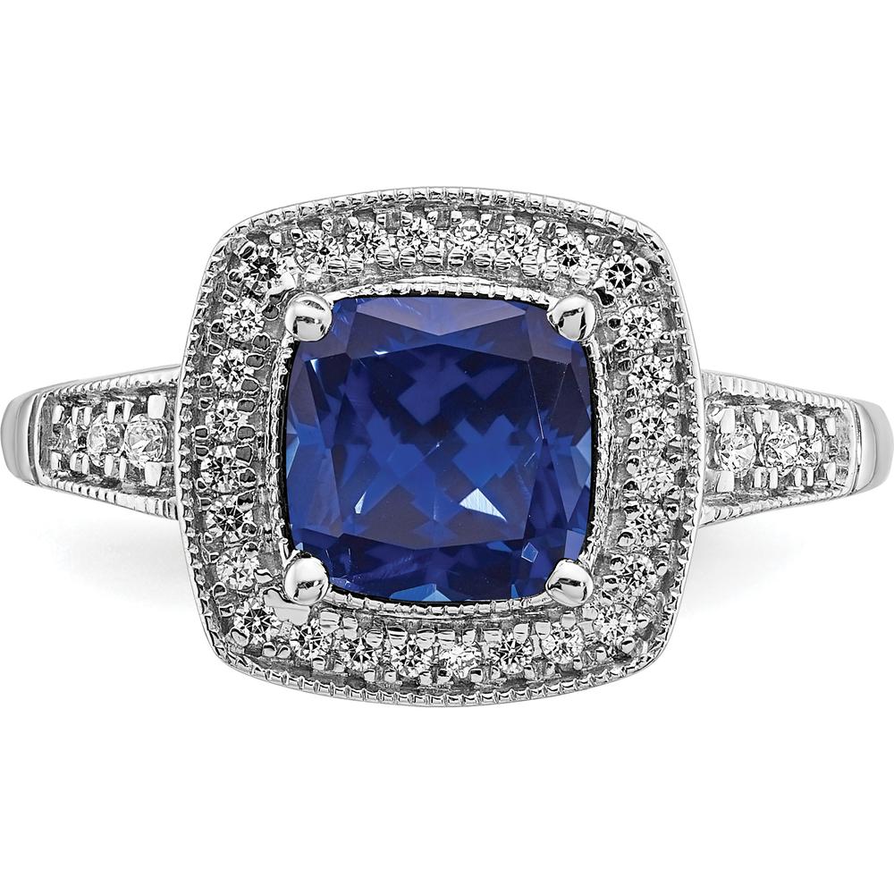 14K White Gold Cushion Created Sapphire and Diamond Halo Ring - 1.31 Carat Sapphire, 0.062 Carat Total Diamond Weight by 0