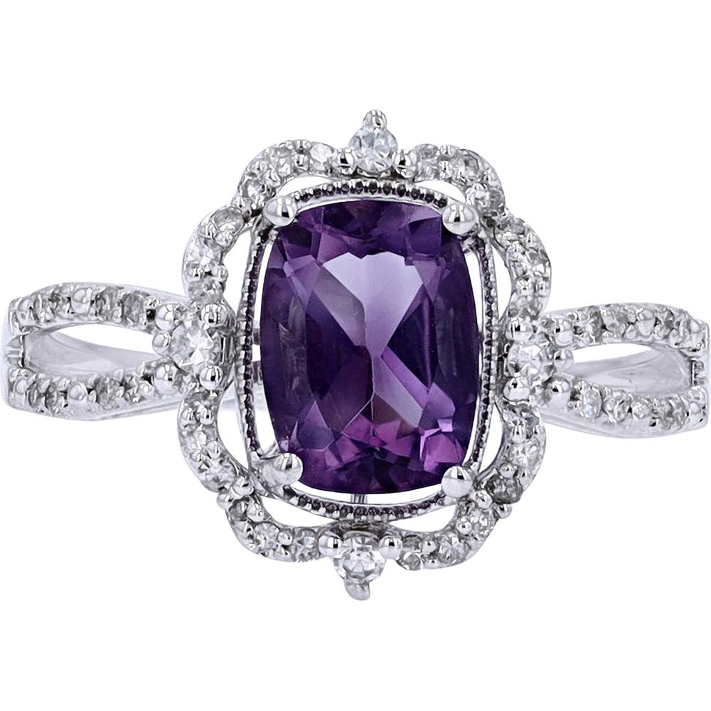 14K White Gold Cushion-Cut Amethyst and Diamond Halo Fashion Ring - 0.22 Carats Diamond Total Weight