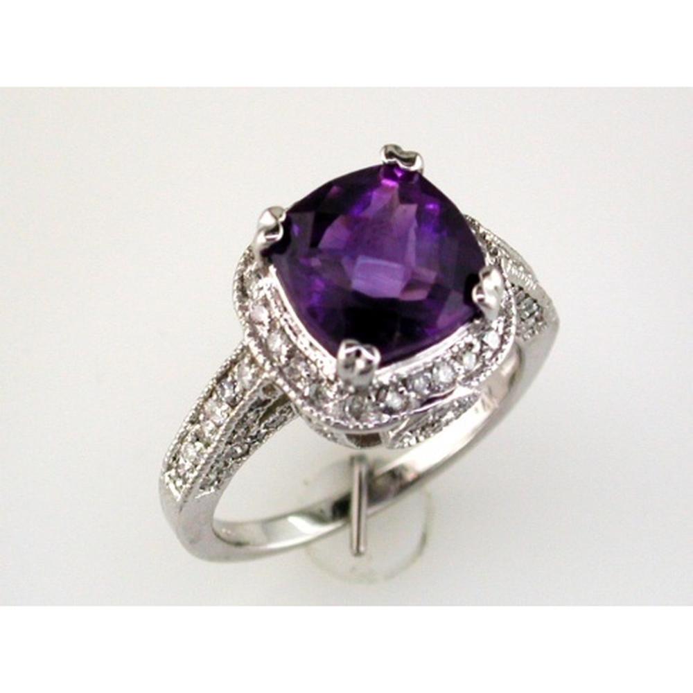 14K White Gold Cushion Cut Amethyst and Round Diamond Halo Ring - 2.70 Carat Amethyst and 0.72 Carat Total Diamond Weight - Royal Jewelry